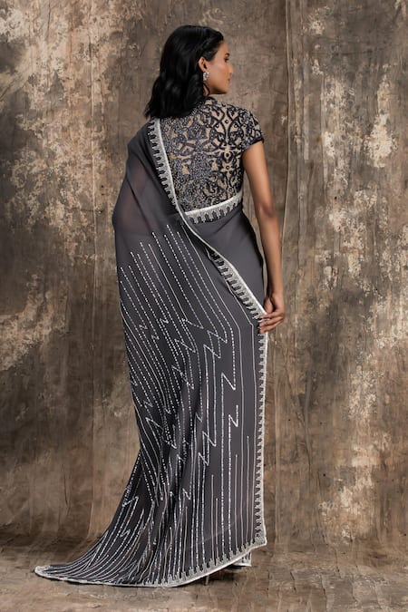 House Of Kotwara Deep Grey Georgette Barq Saree Set 