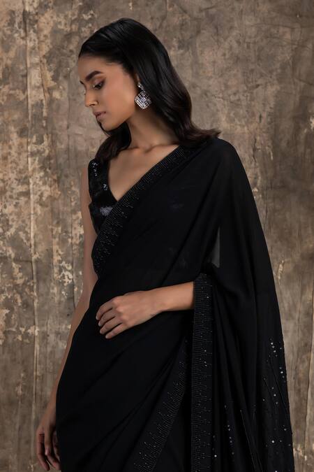 House Of Kotwara_Black Georgette, Cotton Sequins V-neck Barq Saree Set _Online_at_Aza_Fashions