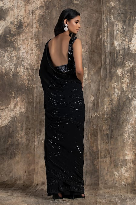 House Of Kotwara Black Georgette Barq Saree Set 