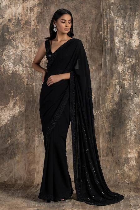 Buy_House Of Kotwara_Black Georgette, Cotton Sequins V-neck Barq Saree Set _Online_at_Aza_Fashions