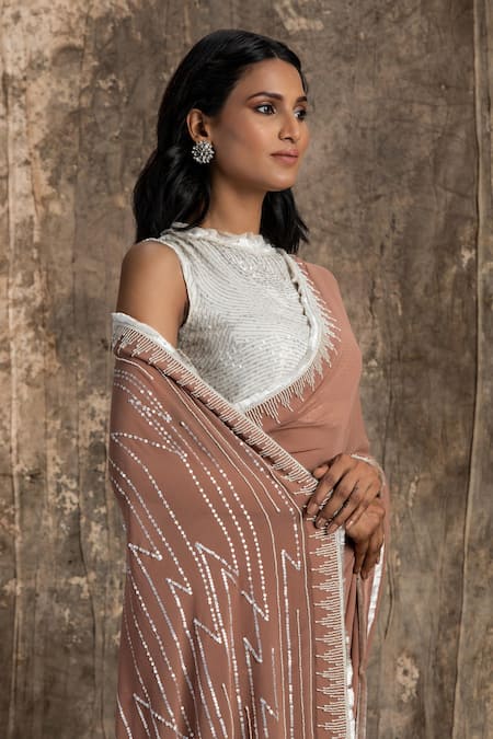 House Of Kotwara_Pink Georgette, Cotton Embroidery, Beads Round Neck Marsala Barq Saree Set _Online_at_Aza_Fashions