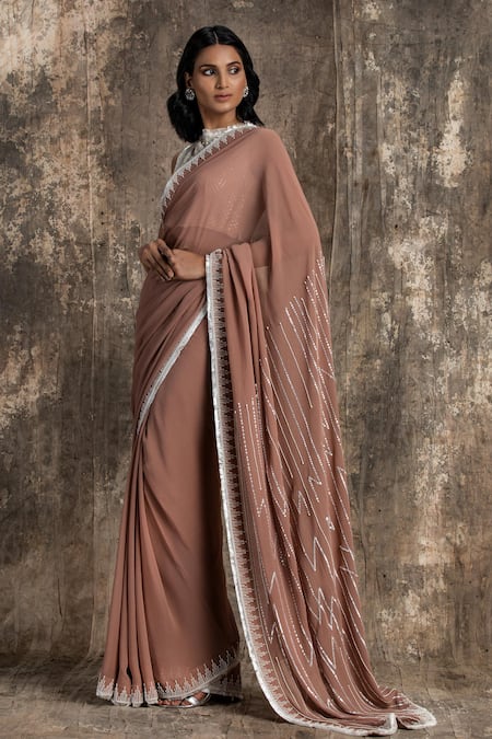Buy_House Of Kotwara_Pink Georgette, Cotton Embroidery, Beads Round Neck Marsala Barq Saree Set _Online_at_Aza_Fashions