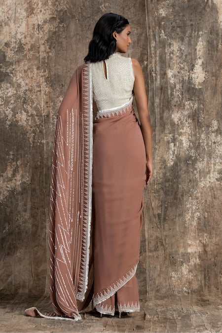 House Of Kotwara Marsala Pink Georgette Barq Saree Set 