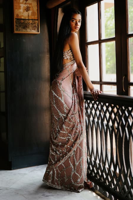 House Of Kotwara Dusky Rose Georgette Thunder Saree Set 