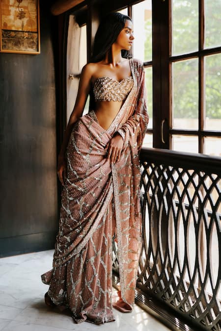 House Of Kotwara Peach Georgette, Cotton, Cambric Sequins, Beads Dusky Rose Thunder Saree Set Online at Aza Fashions House Of Kotwara_Peach Georgette, Cotton, Cambric Sequins, Beads Dusky Rose Thunder Saree Set _Online_at_Aza_Fashions
