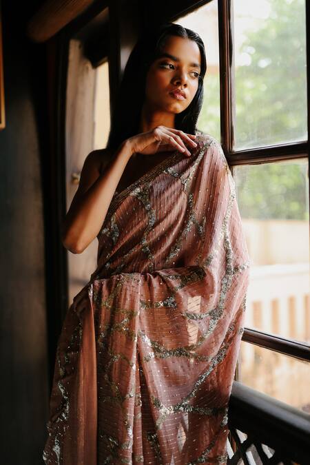 Shop House Of Kotwara Peach Georgette, Cotton, Cambric Sequins, Beads Dusky Rose Thunder Saree Set Online at Aza Fashions Shop_House Of Kotwara_Peach Georgette, Cotton, Cambric Sequins, Beads Dusky Rose Thunder Saree Set _Online_at_Aza_Fashions