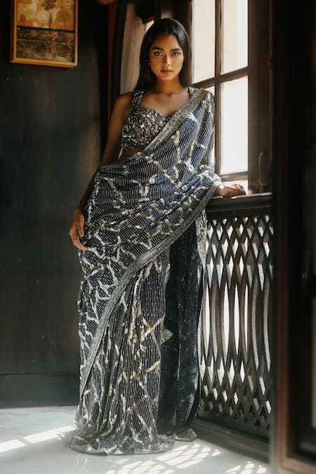 House Of Kotwara Blue Georgette, Cotton, Cambric Sequins, Embroidery Royal Thunder Saree Set 