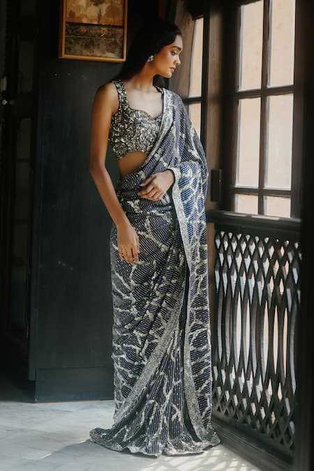 House Of Kotwara Royal Blue Georgette Thunder Saree Set 