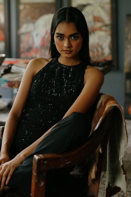 Buy_House Of Kotwara_Black Georgette Sequins, Beads High Neck Double Kurta Set _Online_at_Aza_Fashions