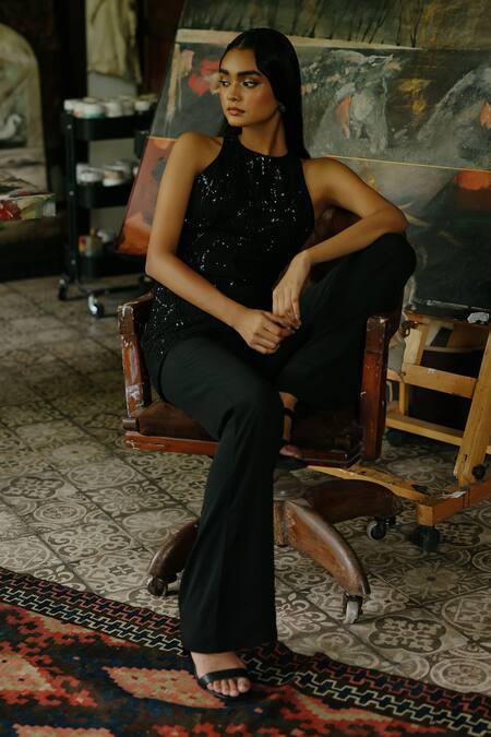 Shop_House Of Kotwara_Black Georgette Sequins, Beads High Neck Double Kurta Set _Online_at_Aza_Fashions