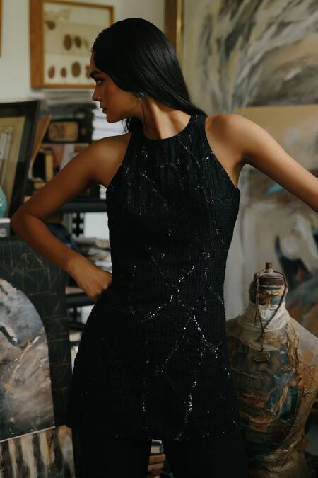 Buy_House Of Kotwara_Black Georgette Sequins, Beads High Neck Double Kurta Set 