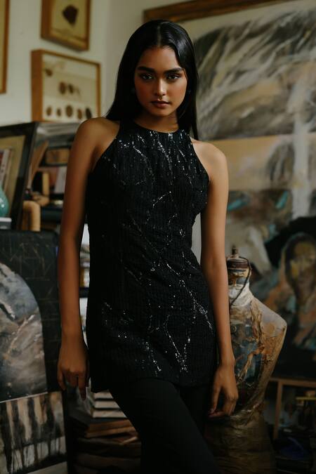 Shop_House Of Kotwara_Black Georgette Sequins, Beads High Neck Double Kurta Set 