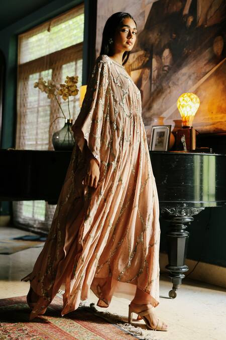 House Of Kotwara_Peach Georgette, Crepe, Cotton, Cambric Sequins Round Dusky Rose Kaftan Set _Online_at_Aza_Fashions