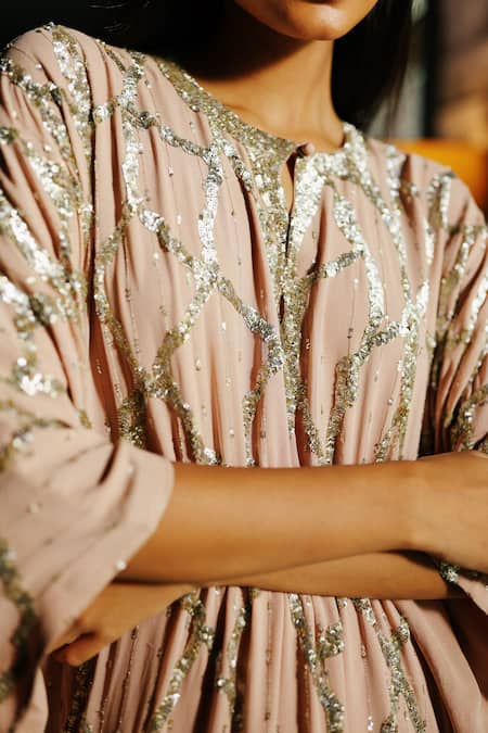 Buy_House Of Kotwara_Peach Georgette, Crepe, Cotton, Cambric Sequins Round Dusky Rose Kaftan Set _Online_at_Aza_Fashions