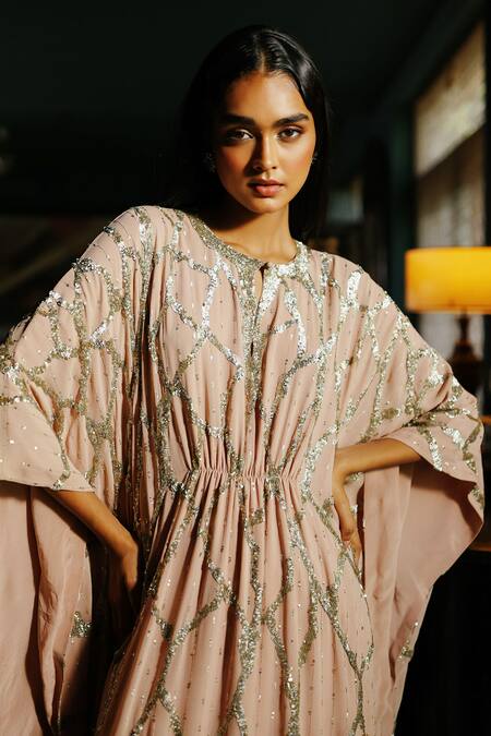 Shop_House Of Kotwara_Peach Georgette, Crepe, Cotton, Cambric Sequins Round Dusky Rose Kaftan Set _Online_at_Aza_Fashions