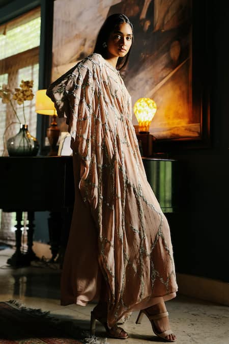 House Of Kotwara_Peach Georgette, Crepe, Cotton, Cambric Sequins Round Dusky Rose Kaftan Set _at_Aza_Fashions