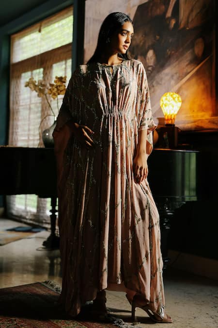 Buy_House Of Kotwara_Peach Georgette, Crepe, Cotton, Cambric Sequins Round Dusky Rose Kaftan Set 