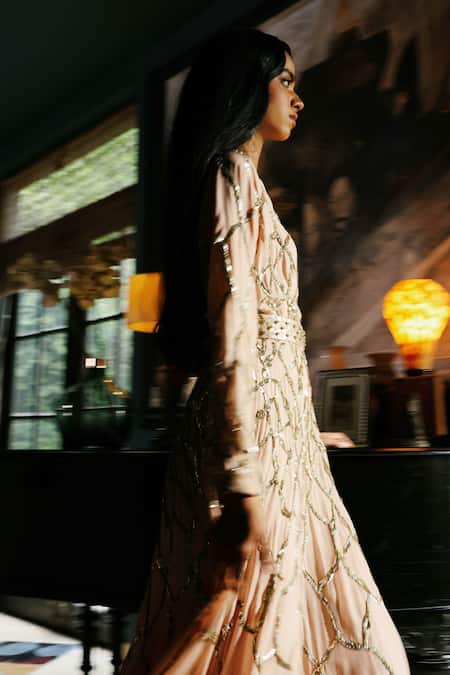 House Of Kotwara_Peach Chiffon, Crepe Sequins Round Neck Pale Rose Flat Thunder Gown _Online_at_Aza_Fashions