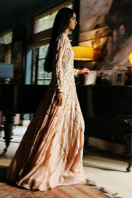 Buy_House Of Kotwara_Peach Chiffon, Crepe Sequins Round Neck Pale Rose Flat Thunder Gown _Online_at_Aza_Fashions