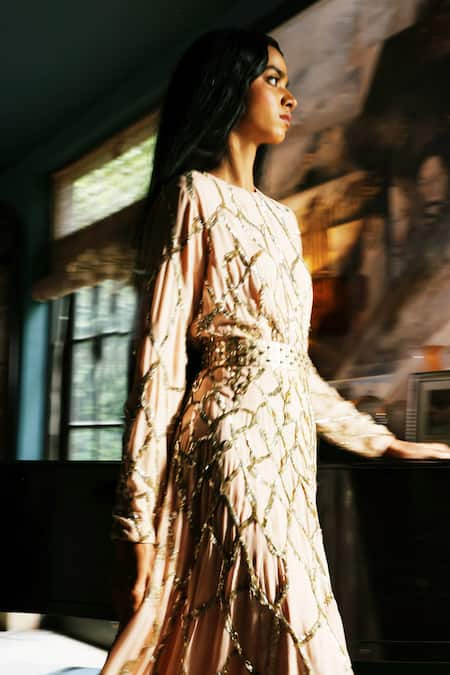 Shop_House Of Kotwara_Peach Chiffon, Crepe Sequins Round Neck Pale Rose Flat Thunder Gown _Online_at_Aza_Fashions