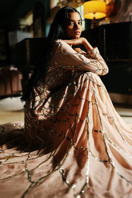 House Of Kotwara_Peach Chiffon, Crepe Sequins Round Neck Pale Rose Flat Thunder Gown _at_Aza_Fashions