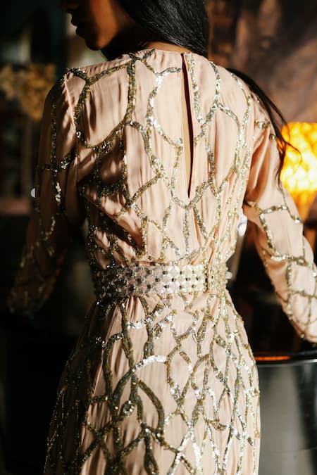 Buy_House Of Kotwara_Peach Chiffon, Crepe Sequins Round Neck Pale Rose Flat Thunder Gown 