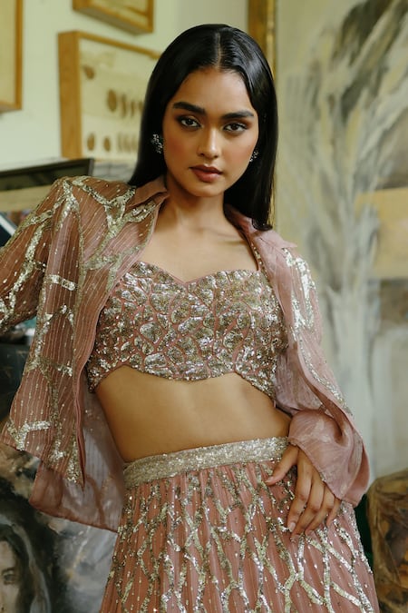 House Of Kotwara_Peach Georgette, Satin, Cotton, Cambric, Organza Dusky Rose Thunder Lehenga Set _Online_at_Aza_Fashions