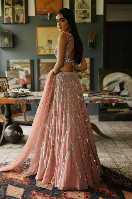 House Of Kotwara Dusky Rose Georgette Thunder Lehenga Set 