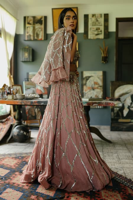 Buy_House Of Kotwara_Peach Georgette, Satin, Cotton, Cambric, Organza Dusky Rose Thunder Lehenga Set _Online_at_Aza_Fashions