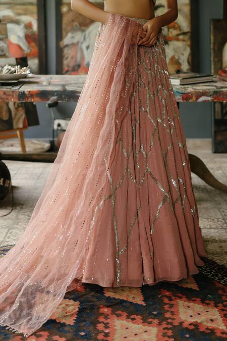Shop_House Of Kotwara_Peach Georgette, Satin, Cotton, Cambric, Organza Dusky Rose Thunder Lehenga Set _Online_at_Aza_Fashions