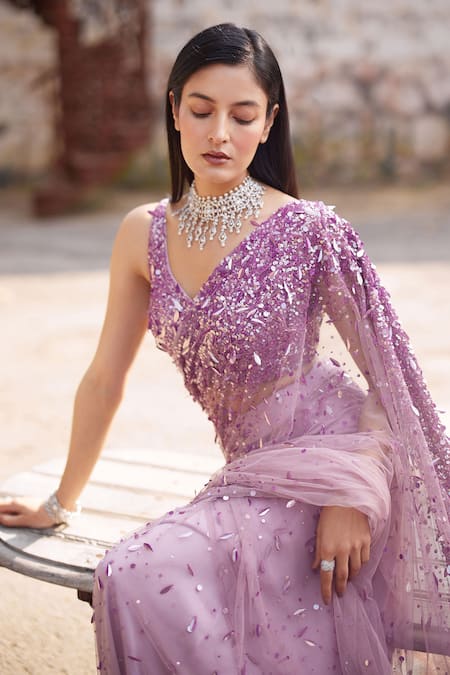 Mehul Gupta Lavender Hand Embroidered Pre-Draped Saree With Blouse 