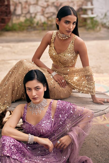 Mehul Gupta Lavender Net Sequins V-neck Hand Embroidered Pre-draped Saree With Blouse Online at Aza Fashions Mehul Gupta_Lavender Net Sequins V-neck Hand Embroidered Pre-draped Saree With Blouse _Online_at_Aza_Fashions