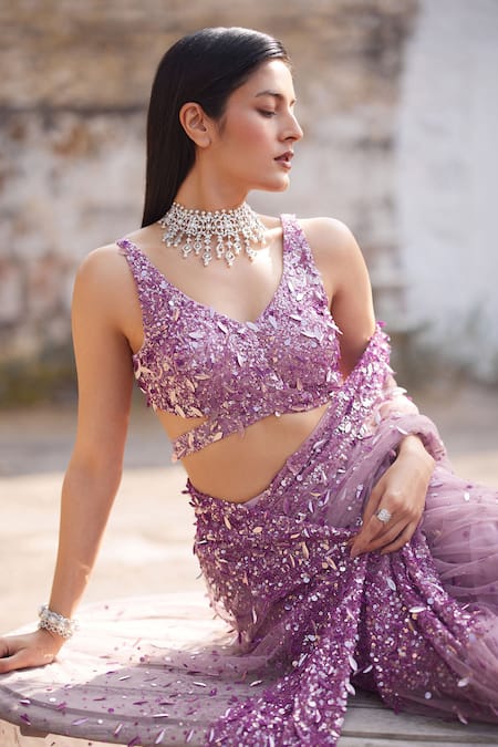 Buy Mehul Gupta Lavender Net Sequins V-neck Hand Embroidered Pre-draped Saree With Blouse Online at Aza Fashions Buy_Mehul Gupta_Lavender Net Sequins V-neck Hand Embroidered Pre-draped Saree With Blouse _Online_at_Aza_Fashions