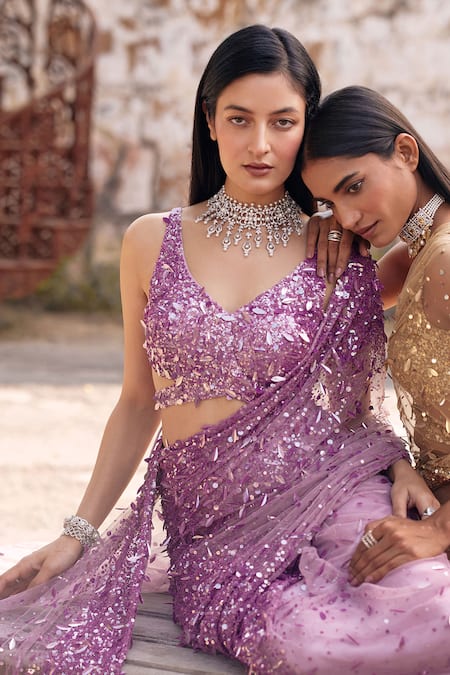 Shop Mehul Gupta Lavender Net Sequins V-neck Hand Embroidered Pre-draped Saree With Blouse Online at Aza Fashions Shop_Mehul Gupta_Lavender Net Sequins V-neck Hand Embroidered Pre-draped Saree With Blouse _Online_at_Aza_Fashions