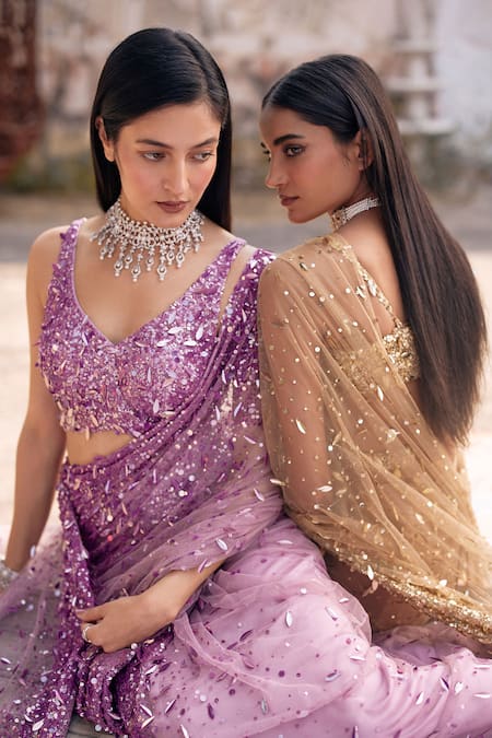 Mehul Gupta Lavender Net Sequins V-neck Hand Embroidered Pre-draped Saree With Blouse at Aza Fashions Mehul Gupta_Lavender Net Sequins V-neck Hand Embroidered Pre-draped Saree With Blouse _at_Aza_Fashions