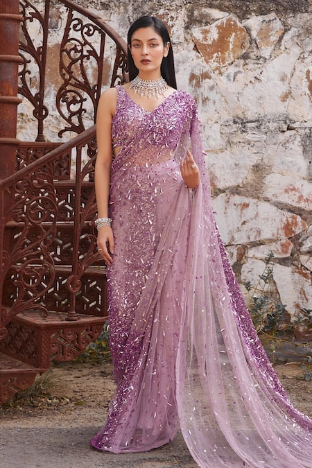 Mehul Gupta Lavender Net Sequins V-neck Hand Embroidered Pre-draped Saree With Blouse