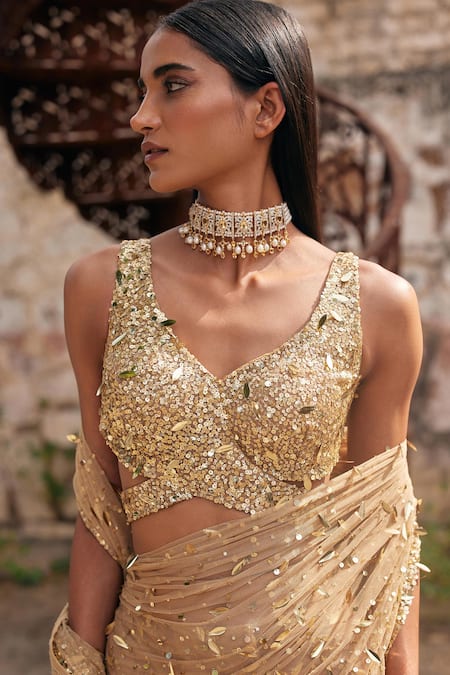 Buy_Mehul Gupta_Gold Net Sequins, Embroidery V-neck Hand Pre-draped Saree Set _Online_at_Aza_Fashions