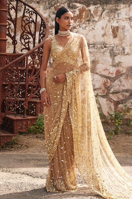 Mehul Gupta Gold Hand Embroidered Pre-Draped Saree Set 
