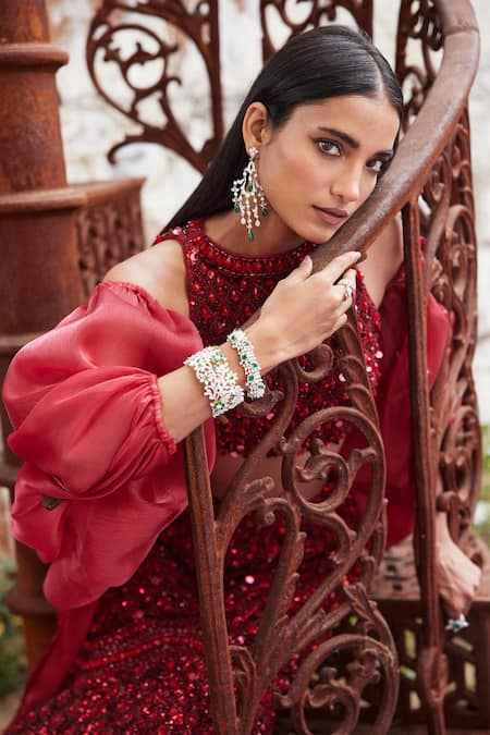 Mehul Gupta_Red Net, Organza Sequins, Embroidery Round Neck Hand Lehenga Set _Online_at_Aza_Fashions