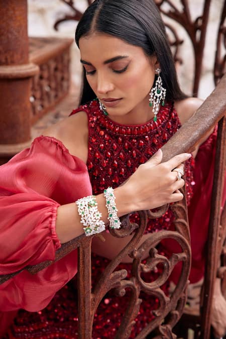 Buy_Mehul Gupta_Red Net, Organza Sequins, Embroidery Round Neck Hand Lehenga Set _Online_at_Aza_Fashions