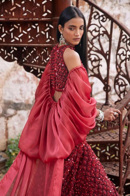 Mehul Gupta Red Hand Embroidered Lehenga Set 