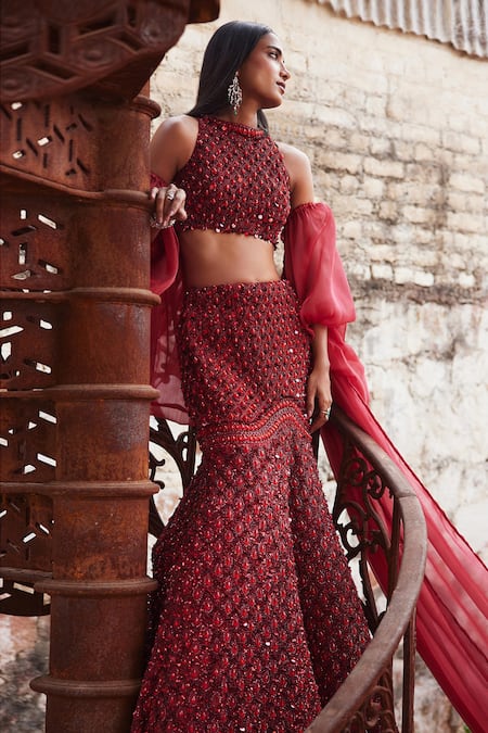 Shop_Mehul Gupta_Red Net, Organza Sequins, Embroidery Round Neck Hand Lehenga Set _Online_at_Aza_Fashions