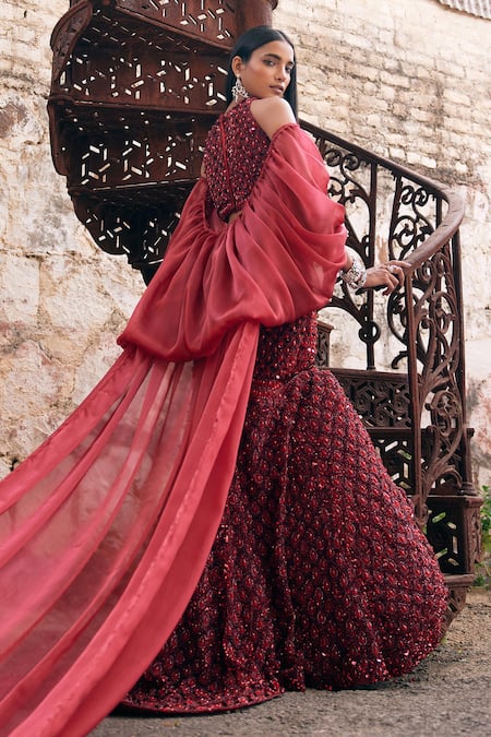Mehul Gupta_Red Net, Organza Sequins, Embroidery Round Neck Hand Lehenga Set _at_Aza_Fashions