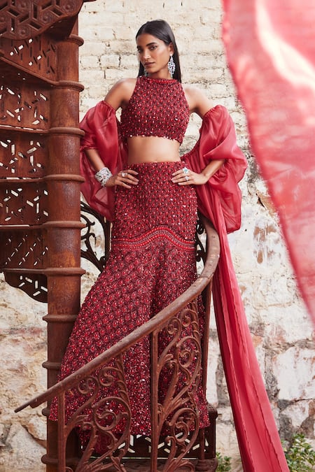 Mehul Gupta Red Net, Organza Sequins, Embroidery Round Neck Hand Lehenga Set