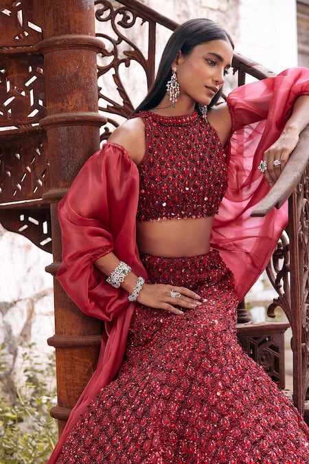 Buy_Mehul Gupta_Red Net, Organza Sequins, Embroidery Round Neck Hand Lehenga Set 