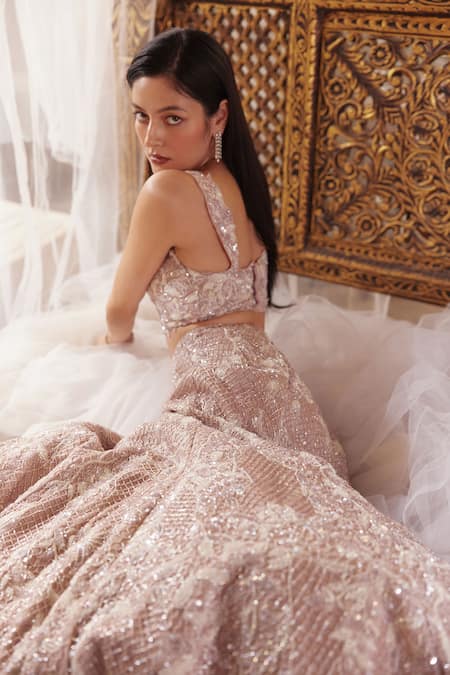 Mehul Gupta Purple Hand Embroidered Lehenga Set 