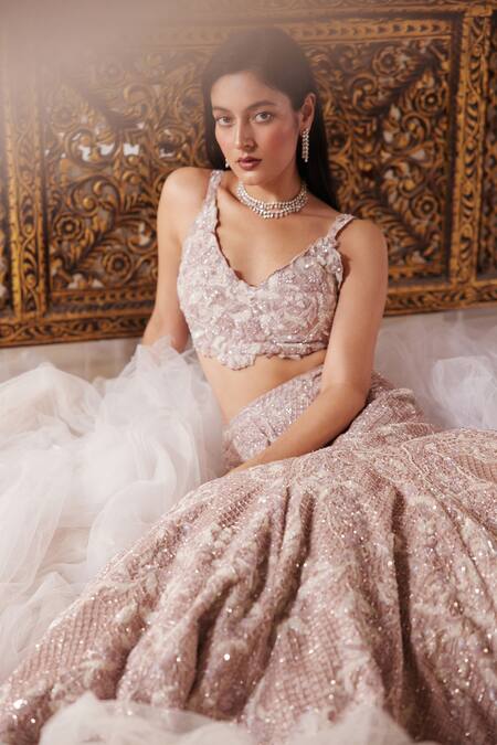 Mehul Gupta Purple Net Embroidery, Sequins Round Neck Hand Lehenga Set Online at Aza Fashions Mehul Gupta_Purple Net Embroidery, Sequins Round Neck Hand Lehenga Set _Online_at_Aza_Fashions