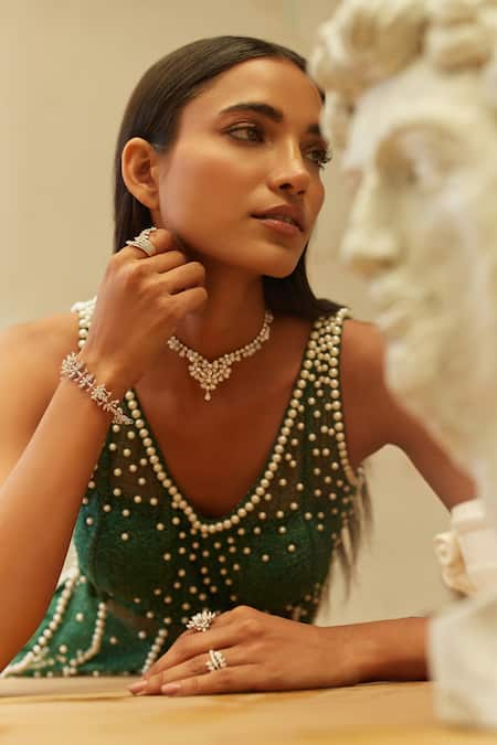 Mehul Gupta_Green Net Pearls V-neck Hand Embroidered Kurta Sharara Set _Online_at_Aza_Fashions