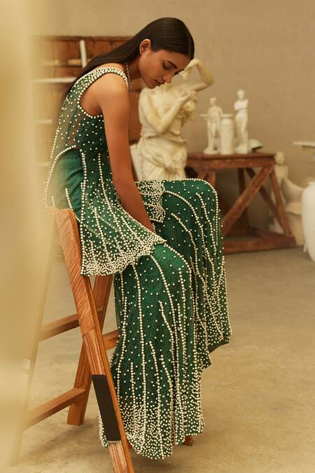 Buy_Mehul Gupta_Green Net Pearls V-neck Hand Embroidered Kurta Sharara Set _Online_at_Aza_Fashions
