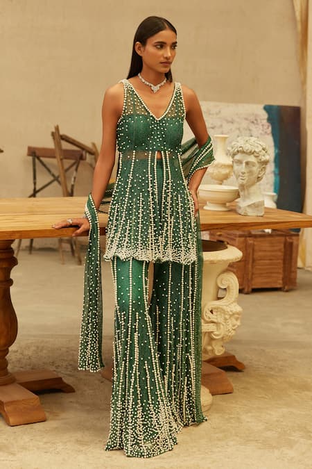 Mehul Gupta Green Hand Embroidered Kurta Sharara Set 